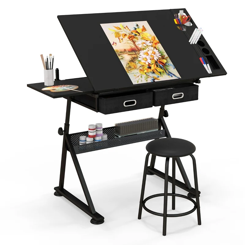 Table à dessin inclinable 115 x 60 x 65 cm hauteur réglable 2 tiroirs modernes en MDF métal PVC noir 20_0020966