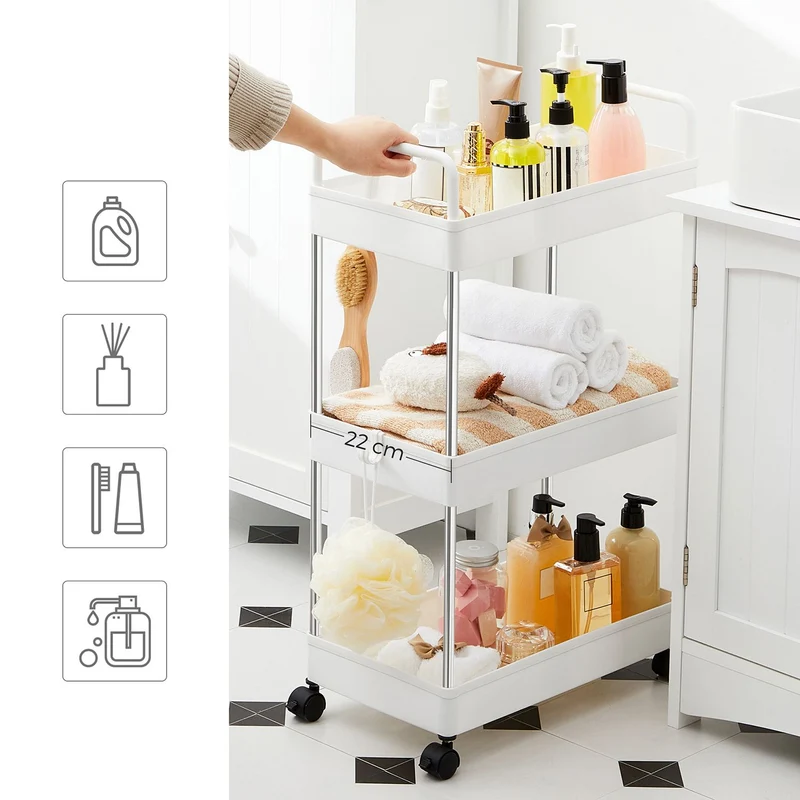 Chariot fin étagère de cuisine à 3 niveaux chariot de salle de bain pour petit espace avec roulettes et poignées 42 x 22,5 x 68 cm blanc 12_0005034