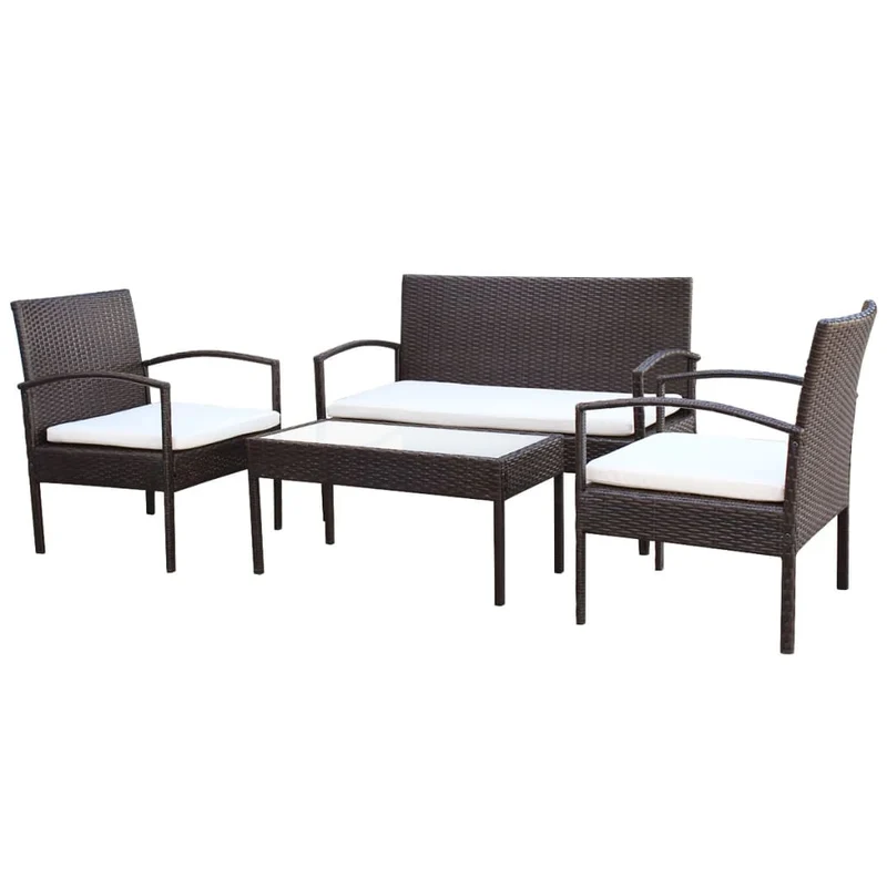 Salon de jardin meuble d'extérieur ensemble de mobilier 4 pièces avec coussins résine tressée marron 02_0016193