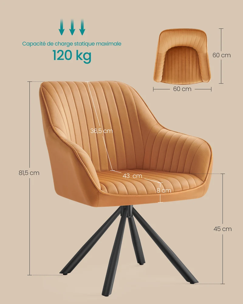 Chaise salle à manger fauteuil pivotant velours rembourrée avec accoudoirs charge 120 kg pieds acier pour salle à manger cuisine marron 12_0004967