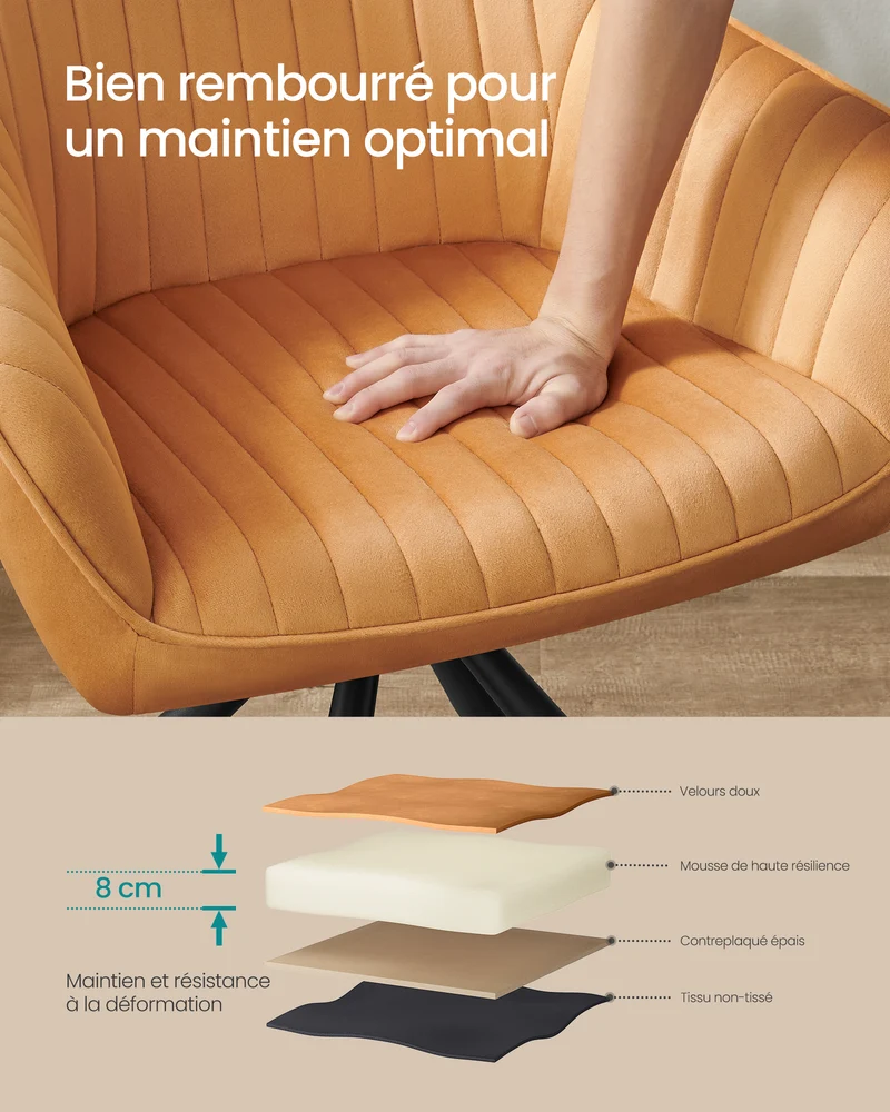 Chaise salle à manger fauteuil pivotant velours rembourrée avec accoudoirs charge 120 kg pieds acier pour salle à manger cuisine marron 12_0004967