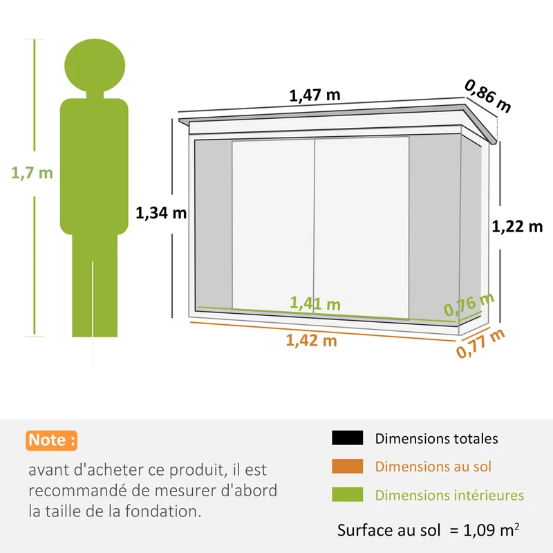 Abri de jardin 147 x 86 x 134 cm double porte verrouillable toit incliné robuste contemporain en tôle d'acier gris clair 21_0004184