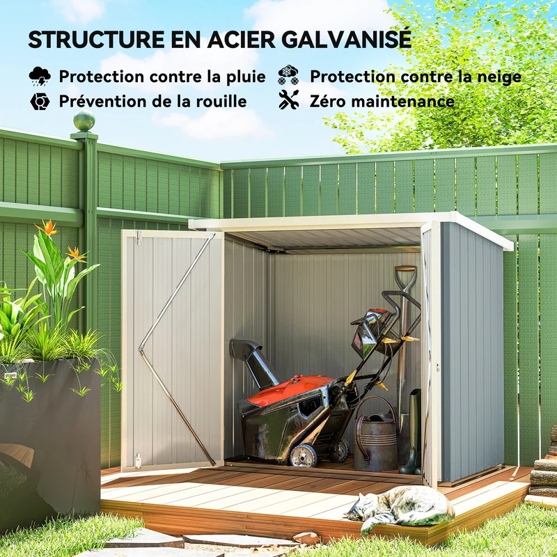 Abri de jardin 147 x 86 x 134 cm double porte verrouillable toit incliné robuste contemporain en tôle d'acier gris clair 21_0004184