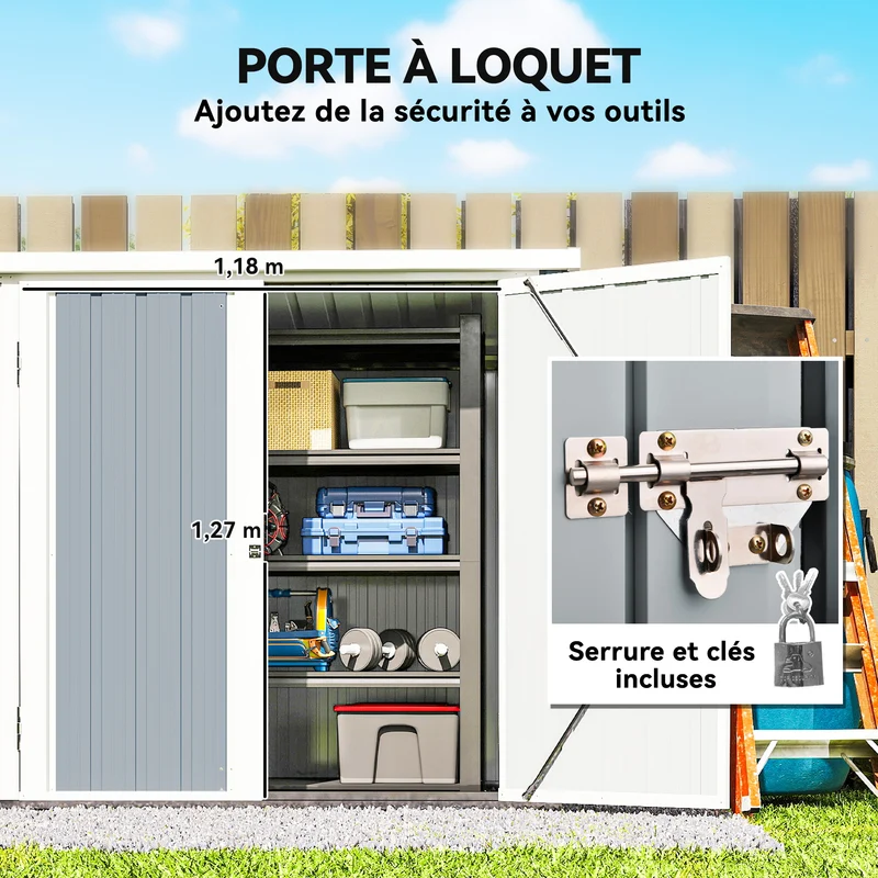 Abri de jardin 147 x 86 x 134 cm double porte verrouillable toit incliné robuste contemporain en tôle d'acier gris clair 21_0004184