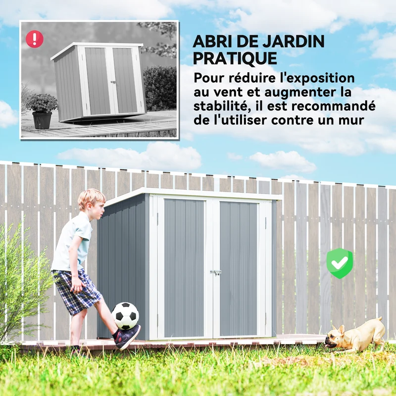 Abri de jardin 147 x 86 x 134 cm double porte verrouillable toit incliné robuste contemporain en tôle d'acier gris clair 21_0004184