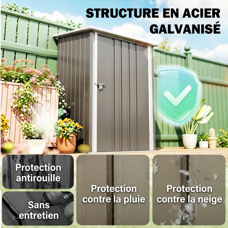 Abri de jardin remise outils 100 x 103 x 160 cm porte verrouillable rangement 1 m² contemporain en tôle d'acier marron 21_0004220