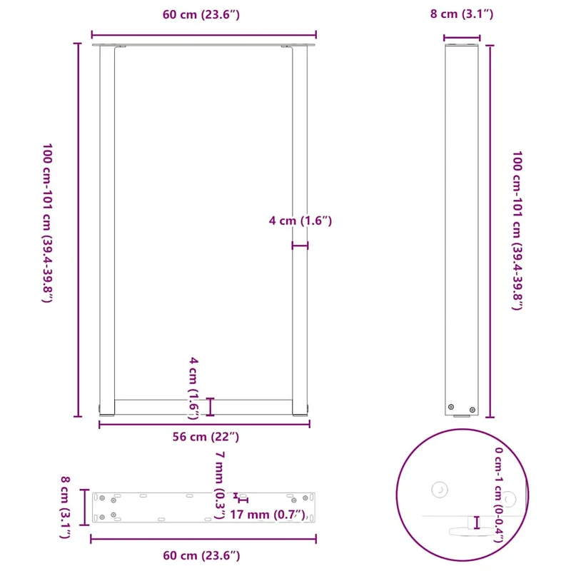 Lot de 2 pieds de table de bar en forme de U 60 x 100 cm stables et modernes en acier naturel 02_0057479