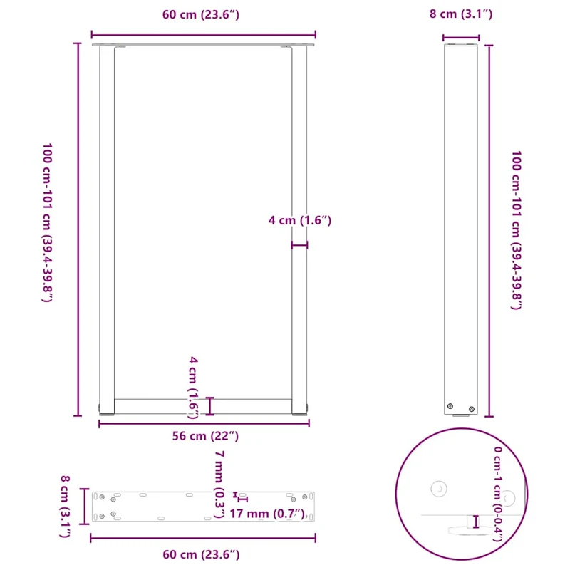 Lot de 2 pieds de table de bar en U 60 x 100 cm avec réglage hauteur moderne en acier anthracite 02_0057478
