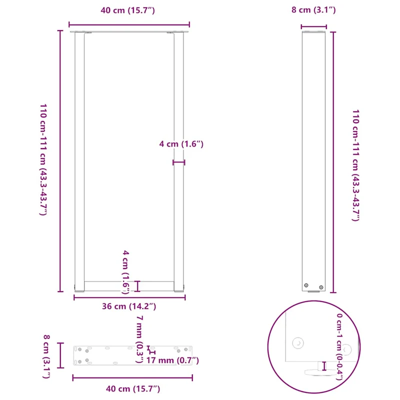 Lot de 2 pieds de table de bar en U ajustables 40 x 110-111 cm style moderne finition épurée en acier anthracite 02_0057482