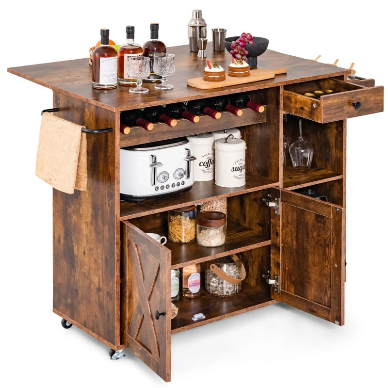 Chariot de cuisine roulant avec abattant 121 x 68 x 88 cm pratique et polyvalent style rustique en bois marron 20_0011332