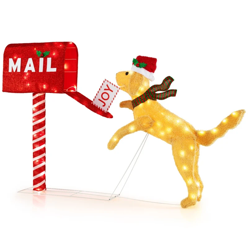 Lot de 1 boîte aux lettres et chien décoratif 168 x 21 x 108 cm 120 LED blanc chaud ambiance festive en métal rouge et jaune 20_0017294