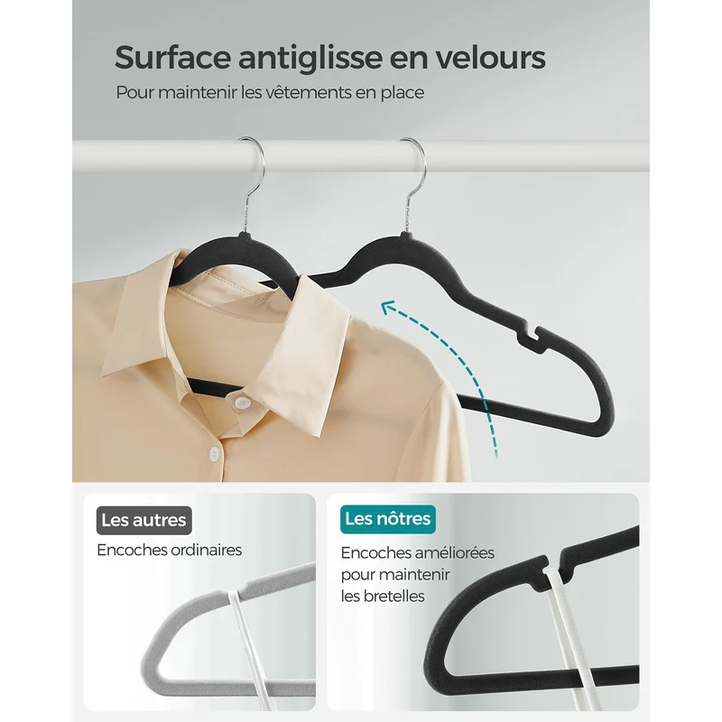 Cintres en velours lot de 30 antiglisse avec encoches barre pour pantalons crochet pivotant à 360° gain de place longueur de 43 cm noir 12_0005079