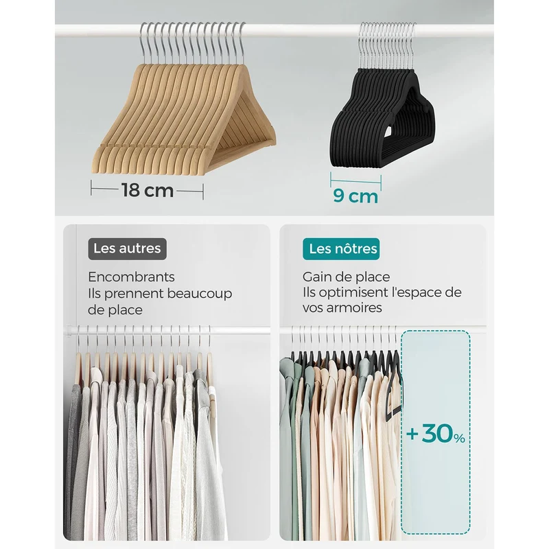 Cintres en velours lot de 30 antiglisse avec encoches barre pour pantalons crochet pivotant à 360° gain de place longueur de 43 cm noir 12_0005079