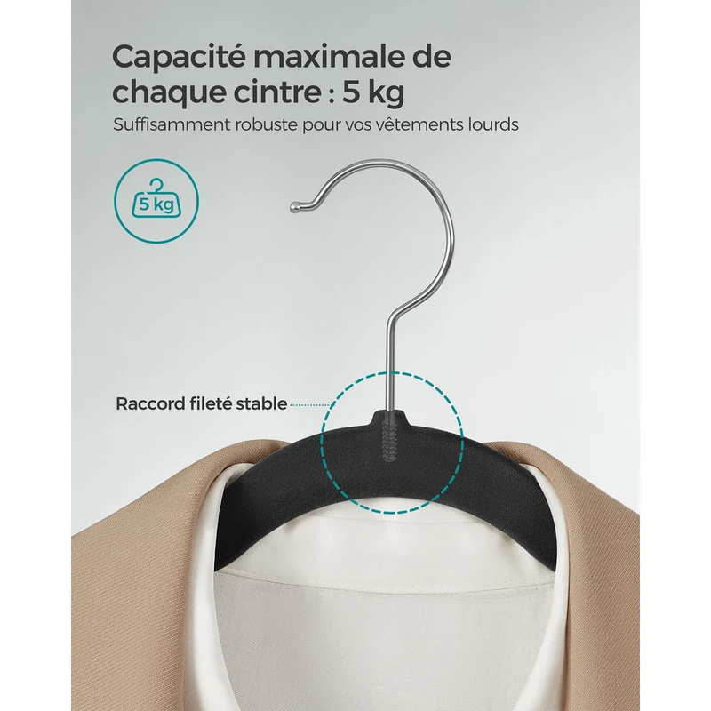 Cintres en velours lot de 30 antiglisse avec encoches barre pour pantalons crochet pivotant à 360° gain de place longueur de 43 cm noir 12_0005079