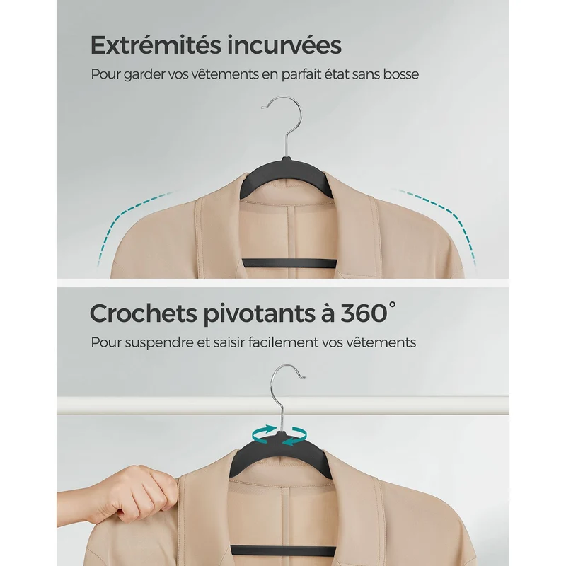 Cintres en velours lot de 30 antiglisse avec encoches barre pour pantalons crochet pivotant à 360° gain de place longueur de 43 cm noir 12_0005079