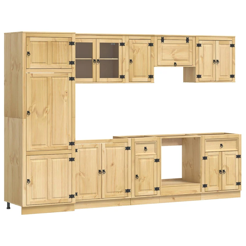 Buffet multifonction avec 2 tiroirs et 7 étagères 306 x 58 x 207 cm style moderne salle à manger en pin massif miel 02_0056022