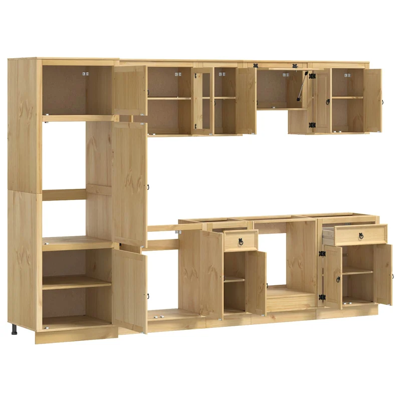Buffet multifonction avec 2 tiroirs et 7 étagères 306 x 58 x 207 cm style moderne salle à manger en pin massif miel 02_0056022