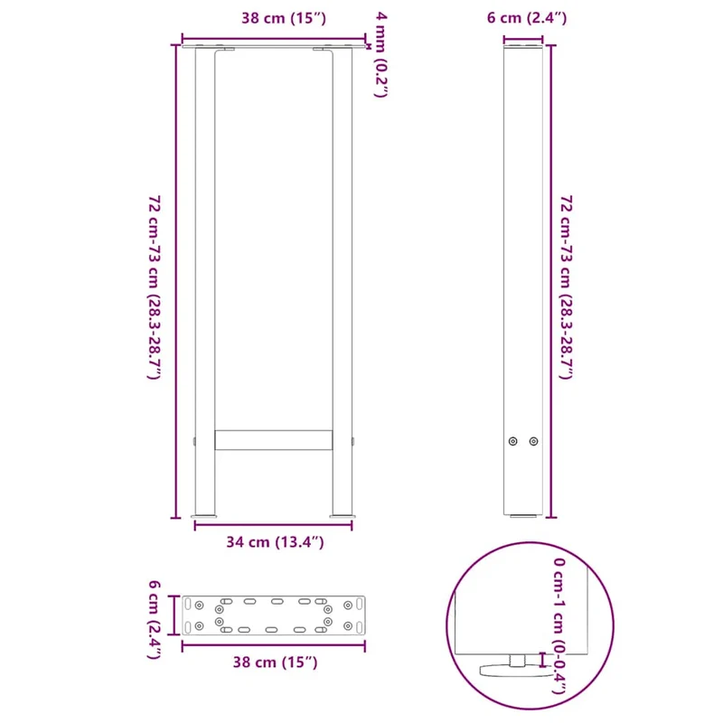 Lot de 2 pieds de console modernes 38 x 73 cm avec niveleurs réglables en acier anthracite 02_0057538