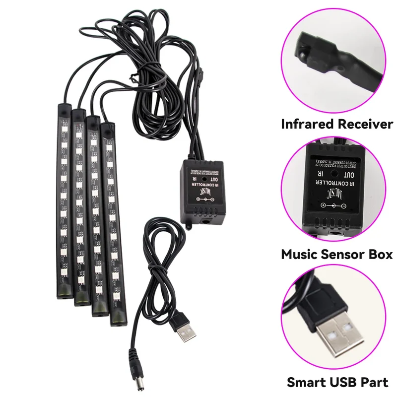 Éclairage d'Ambiance LED RGB 72 Diodes Bluetooth Voiture