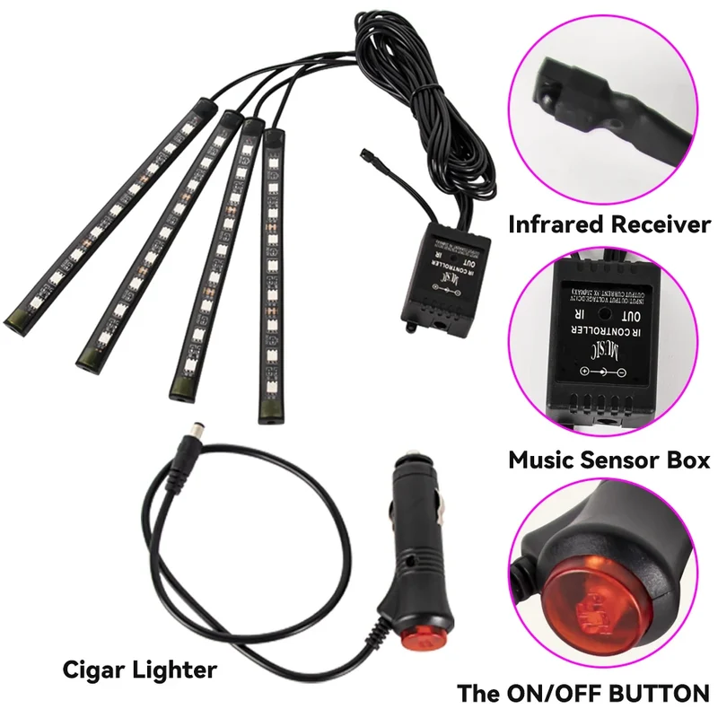 Éclairage d'Ambiance LED RGB 72 Diodes Bluetooth Voiture