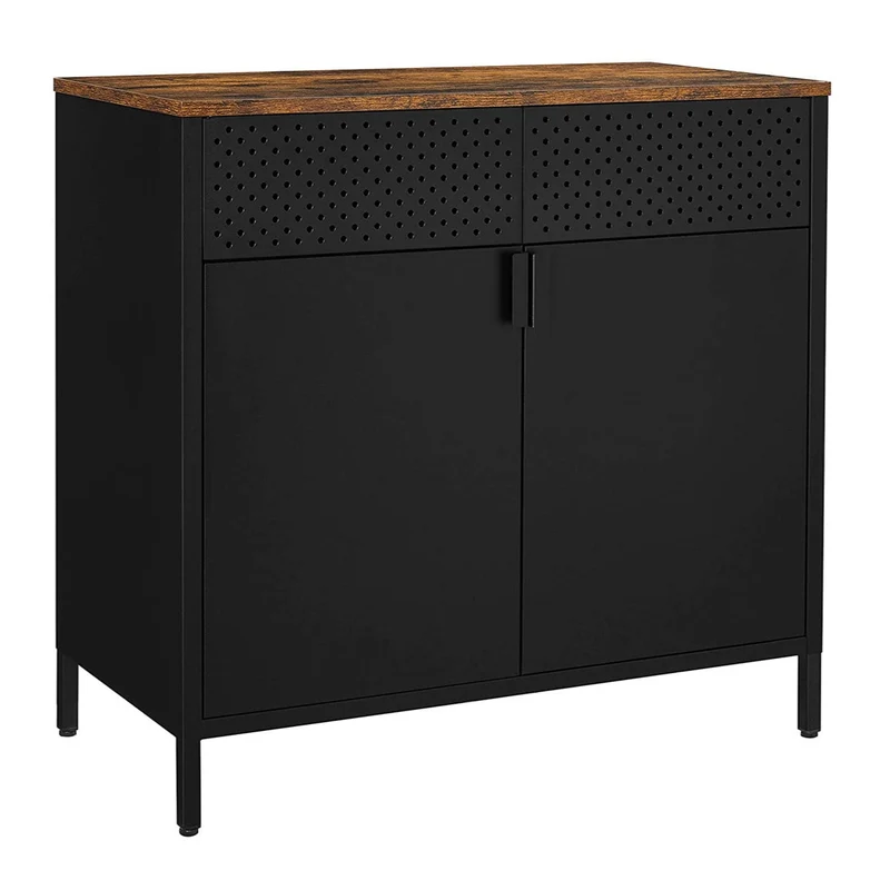 Meuble de rangement buffet double porte aimantée avec étagère réglable pour salle à manger salon cuisine entrée cadre en acier style industriel 80 cm marron rustique et noir 12_0002493