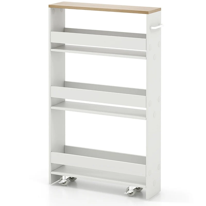 Chariot de rangement fin roulant 47,5 x 13 x 80,5 cm gain de place et mouvement facile en bois d'ingénierie blanc et naturel 20_0017377
