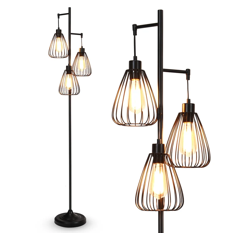 Lampadaire style industriel sur pied 170 x 25 x 25 cm 3 abat-jours en métal finition noire ambiance chaleureuse 20_0012292