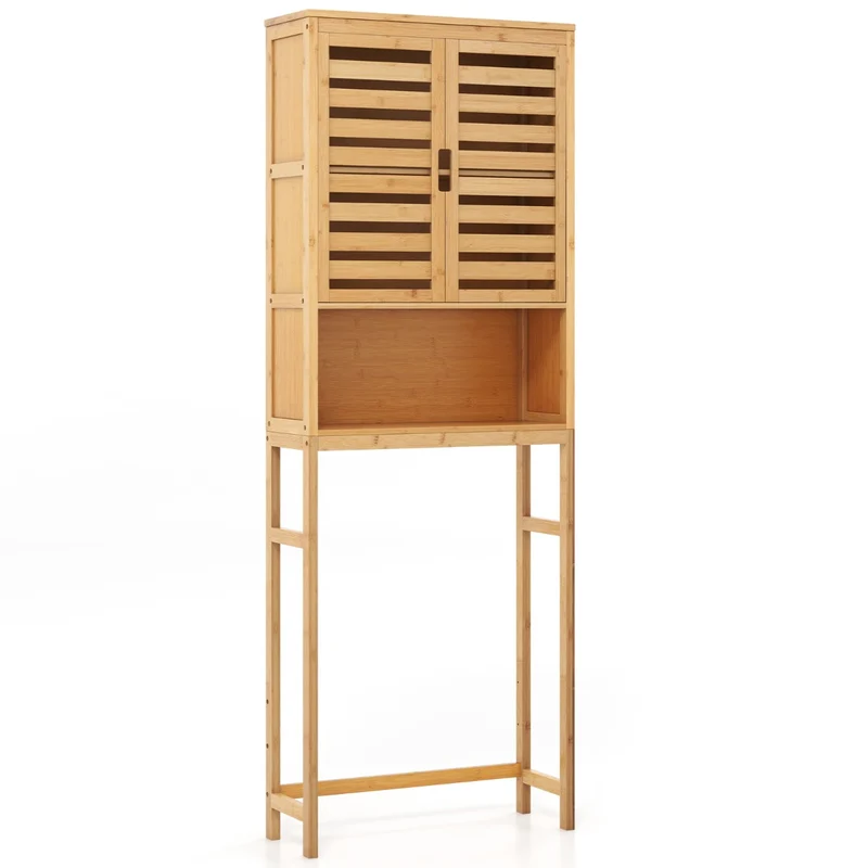 Armoire de rangement au-dessus des toilettes 62 x 23 x 170 cm rangement ouvert et dissimulé style naturel en bambou et MDF 20_0017454