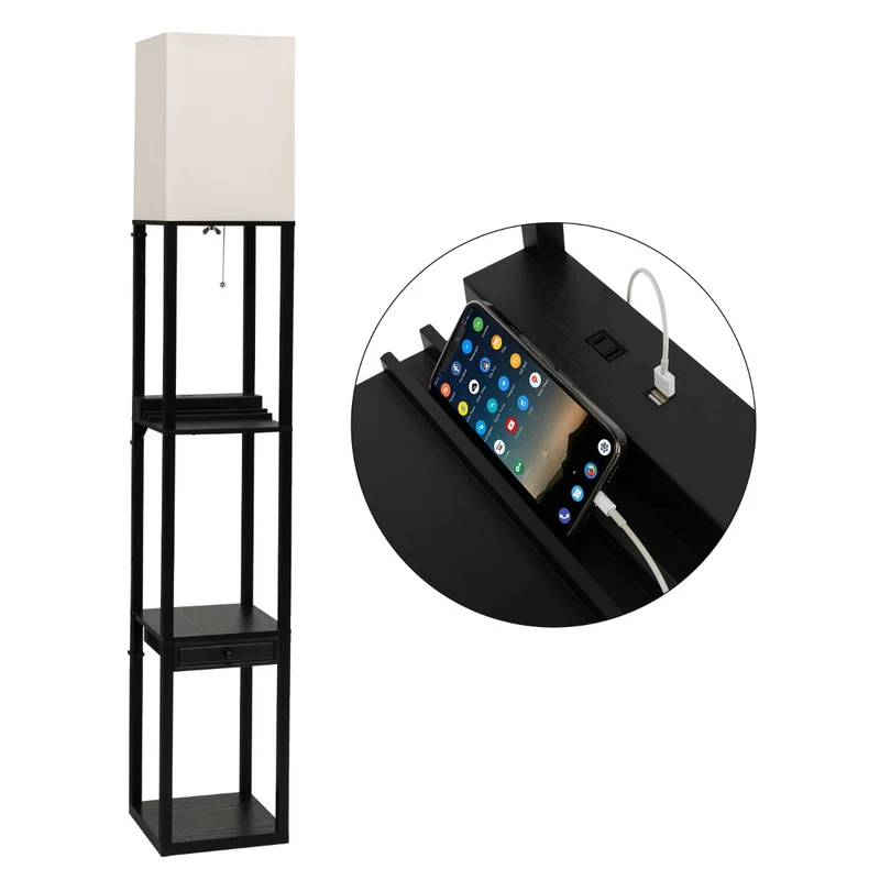 Lampadaire étagère noir avec 3 niveaux de rangement et port USB style moderne 26 x 26 x 160 cm en MDF toile de lin 20_0020775