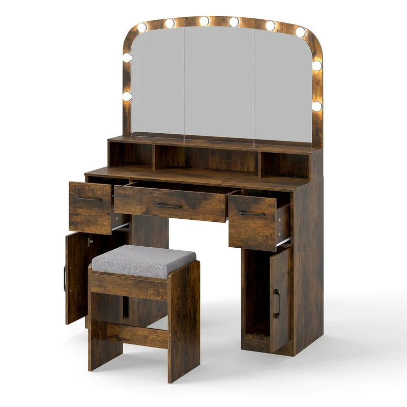 Coiffeuse avec miroir et éclairage 108 x 40 x 149 cm station de charge ergonomique design moderne en bois brun 20_0011516