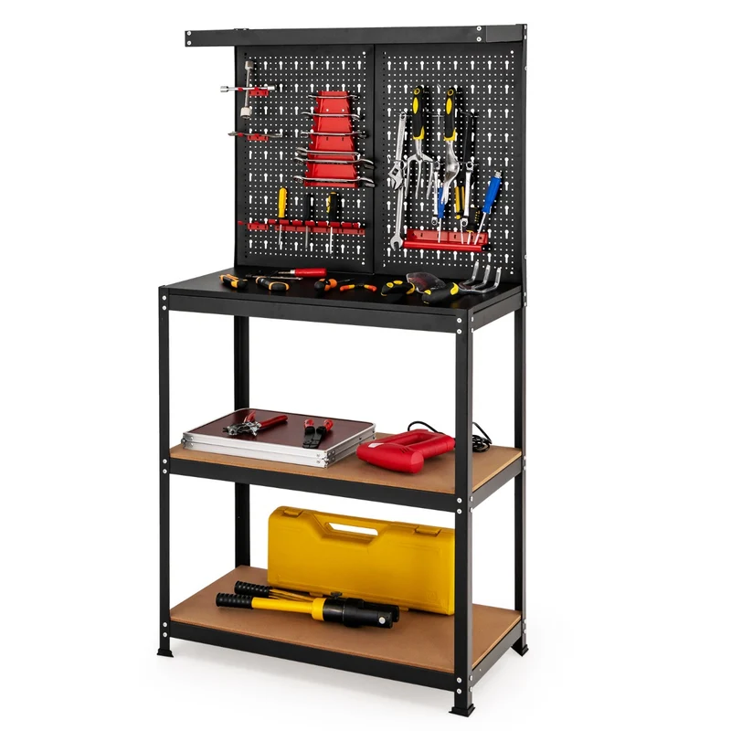 Établi de travail 80,5 x 41 x 155 cm avec 2 panneaux perforés et 13 accessoires de suspension design et robuste en acier noir et MDF 20_0014741
