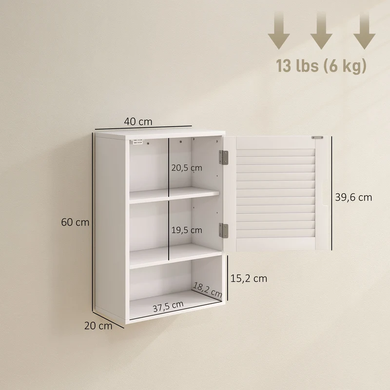 Armoire murale de salle de bain 40 x 20 x 60 cm étagère réglable porte à lattes silencieuse moderne épuré en MDF blanc 21_0002796