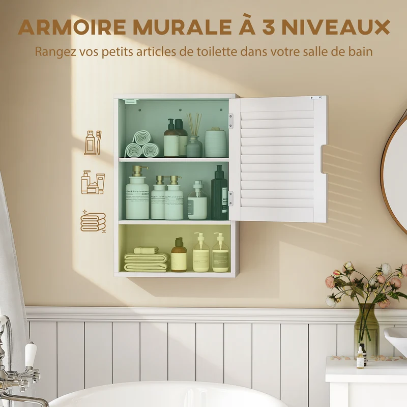 Armoire murale de salle de bain 40 x 20 x 60 cm étagère réglable porte à lattes silencieuse moderne épuré en MDF blanc 21_0002796