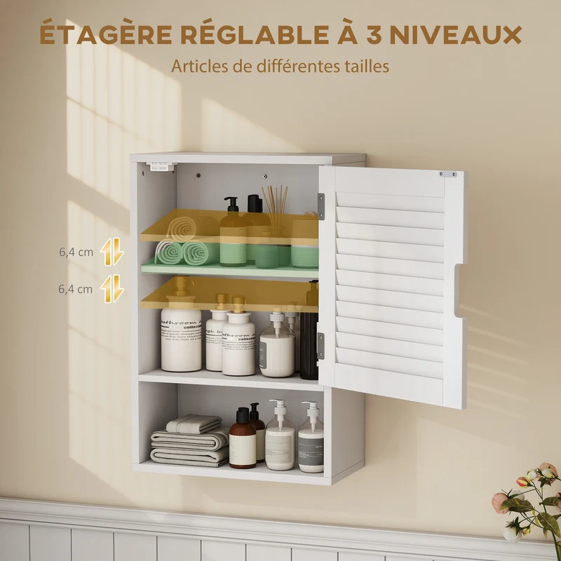 Armoire murale de salle de bain 40 x 20 x 60 cm étagère réglable porte à lattes silencieuse moderne épuré en MDF blanc 21_0002796