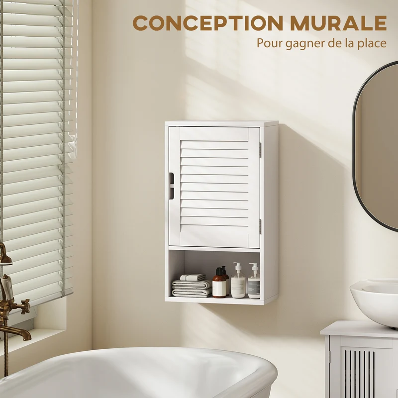 Armoire murale de salle de bain 40 x 20 x 60 cm étagère réglable porte à lattes silencieuse moderne épuré en MDF blanc 21_0002796