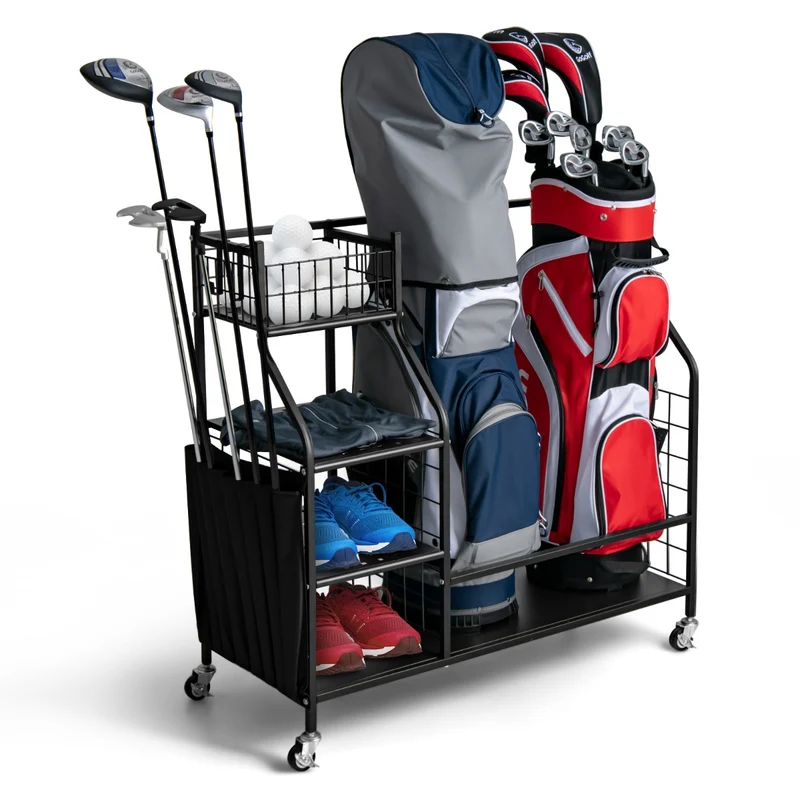 Support de rangement pour sac de golf 95 x 40 x 94 cm 4 roues verrouillables design robuste en métal noir 20_0019182