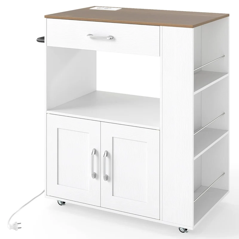 Chariot de cuisine mobile 75 x 46 x 90,5 cm avec rangements intégrés et station de recharge en bois manufacturé blanc 20_0019178