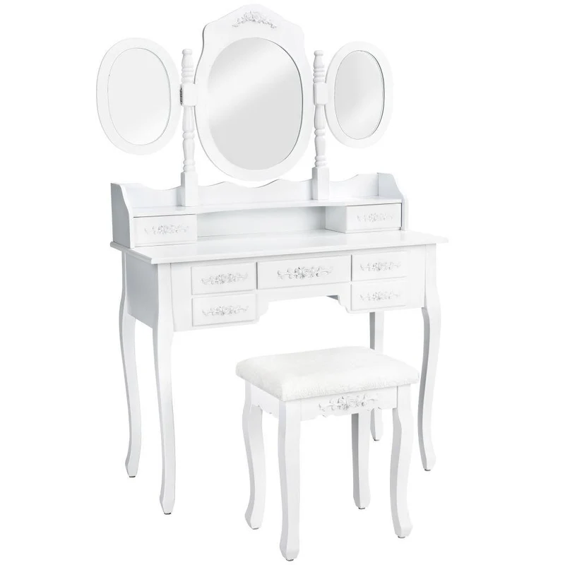Coiffeuse table de maquillage au look antique avec tabouret rembourré 3 miroir pivotables 90 x 40 x 145 cm 1408007