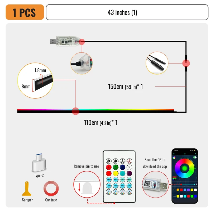 Éclairage d'Ambiance LED RGB Acrylique 110 cm Intérieur