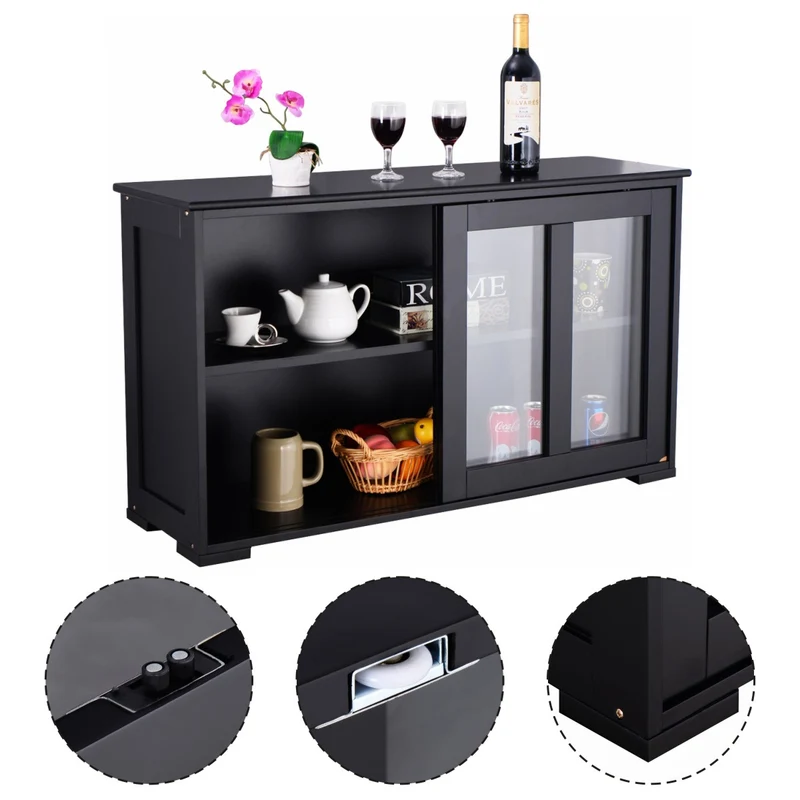 Buffet meuble de cuisine 106,7 x 33 x 62,5 cm avec portes coulissantes contemporain épuré en mdf noir 20_0010818