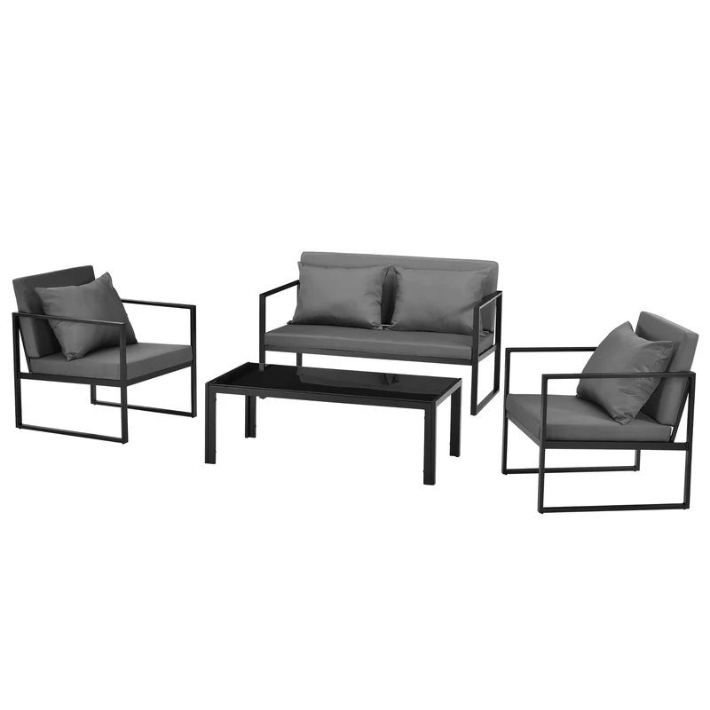 Salon de jardin ensemble de jardin table basse avec canapé et chaises extérieures métal verre polyester noir 03_0003587