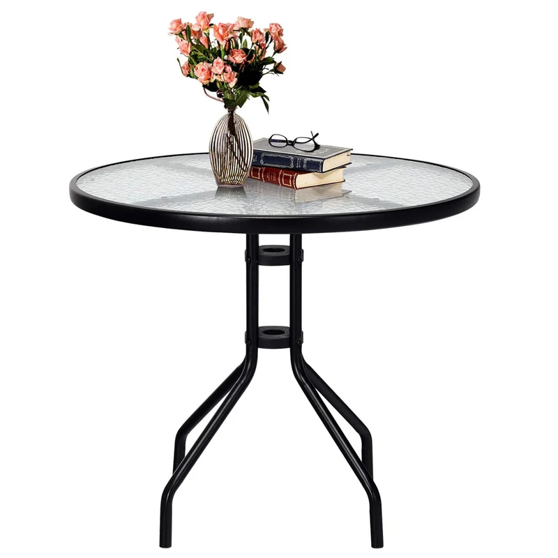 Table de jardin ronde 70 x 70 x 70 cm avec trou pour parasol en métal noir 20_0013998