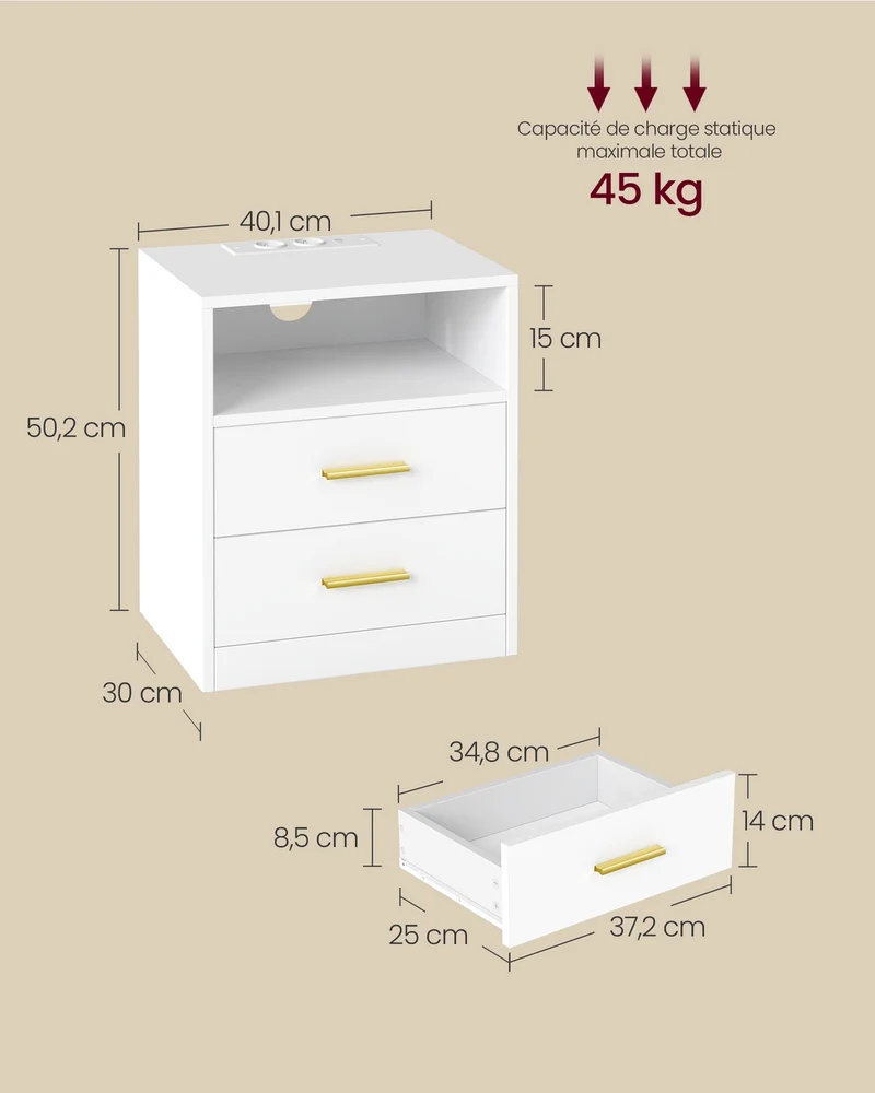 Lot de 2 tables de chevet élégantes avec tiroirs et compartiment ouvert 30 x 40,1 x 50,2 cm en MDF blanc 12_0012520