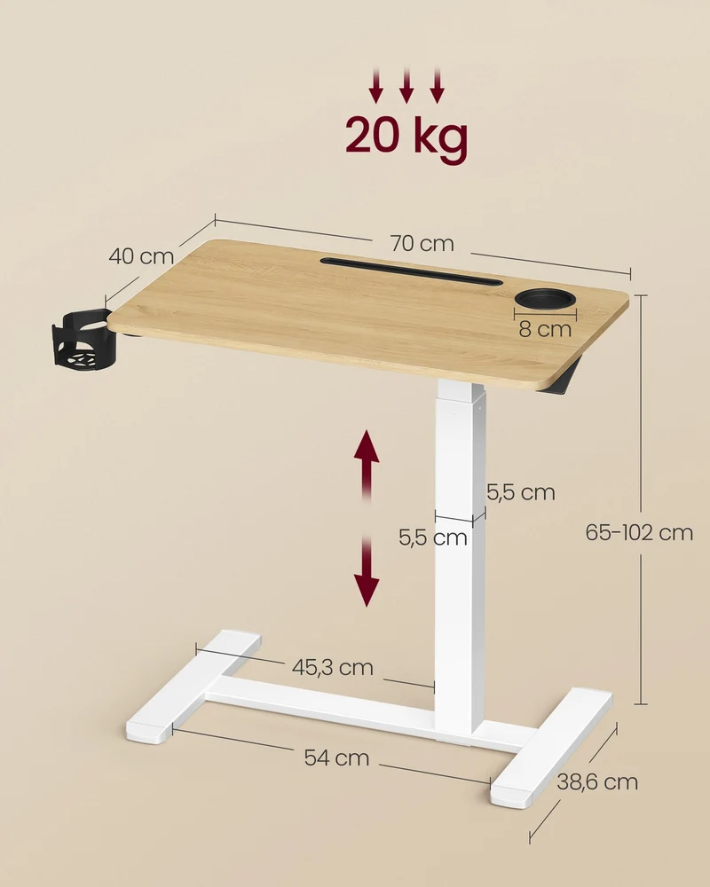 Bureau assis-debout réglable en hauteur 70 x 40 x 102 cm 2 porte-gobelets fente porte-téléphone en aggloméré blanc 12_0012511