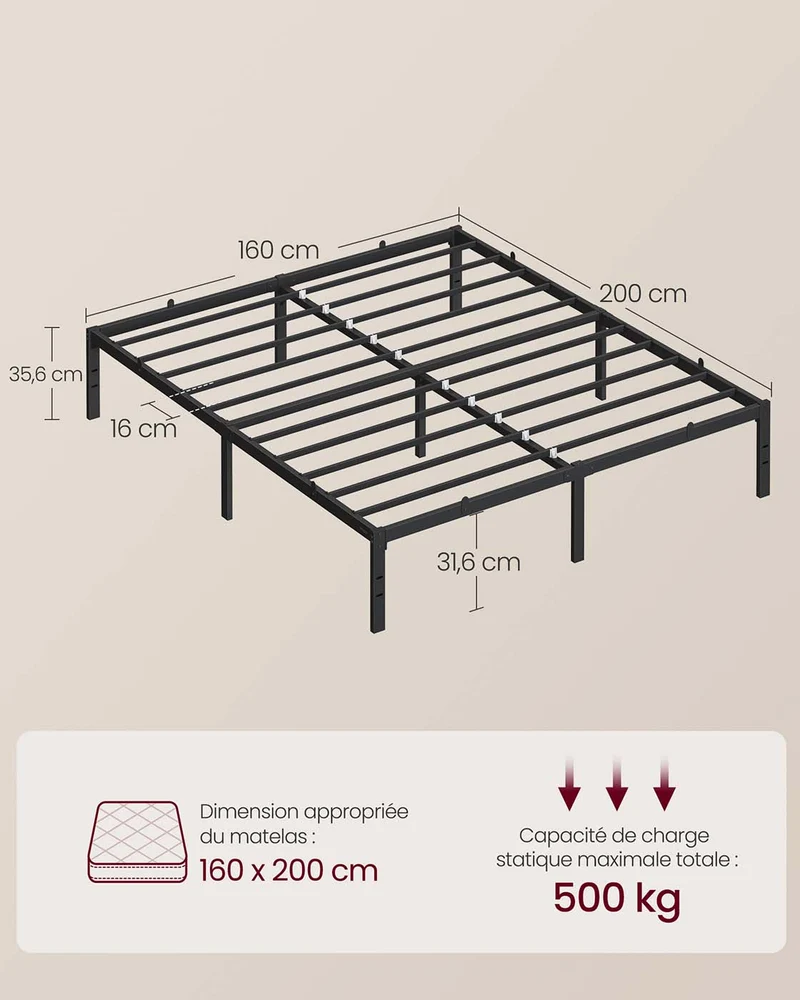 Lit simple moderne avec rangement dessous 200 x 160 x 35,6 cm en acier noir mat 12_0012472