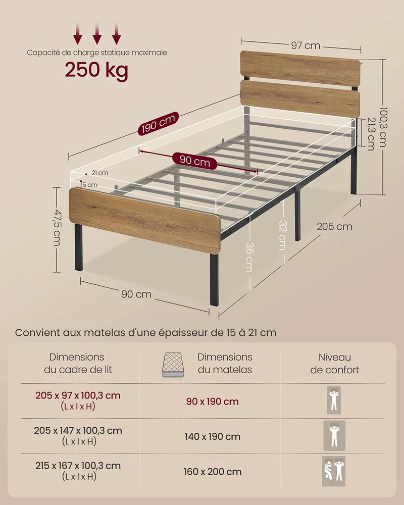 Cadre de lit 90 x 190 avec rangement éclairage LED 25 couleurs style industriel finition marron 12_0012144