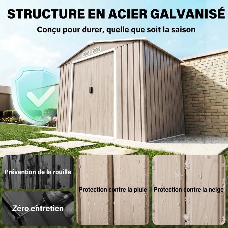 Abri de jardin grande remise pour outils 213 x 130 x 185 cm porte coulissante industriel en acier galvanisé marron clair 21_0004029