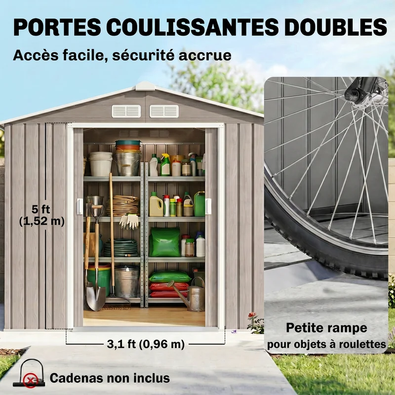 Abri de jardin grande remise pour outils 213 x 130 x 185 cm porte coulissante industriel en acier galvanisé marron clair 21_0004029