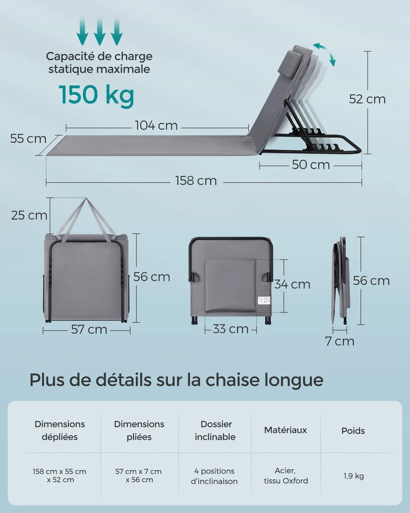 Chaise longue transat de plage bain de soleil dossier inclinable portable avec bandoulières pour camping jardin piscine 158 x 55 cm 12_0004961