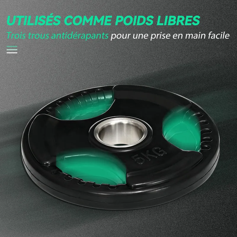 Lot de 2 disques de poids 5 kg trois poignées 24 x 3,5 cm prise sûre protection sol idéal style industriel en métal noir 21_0006805